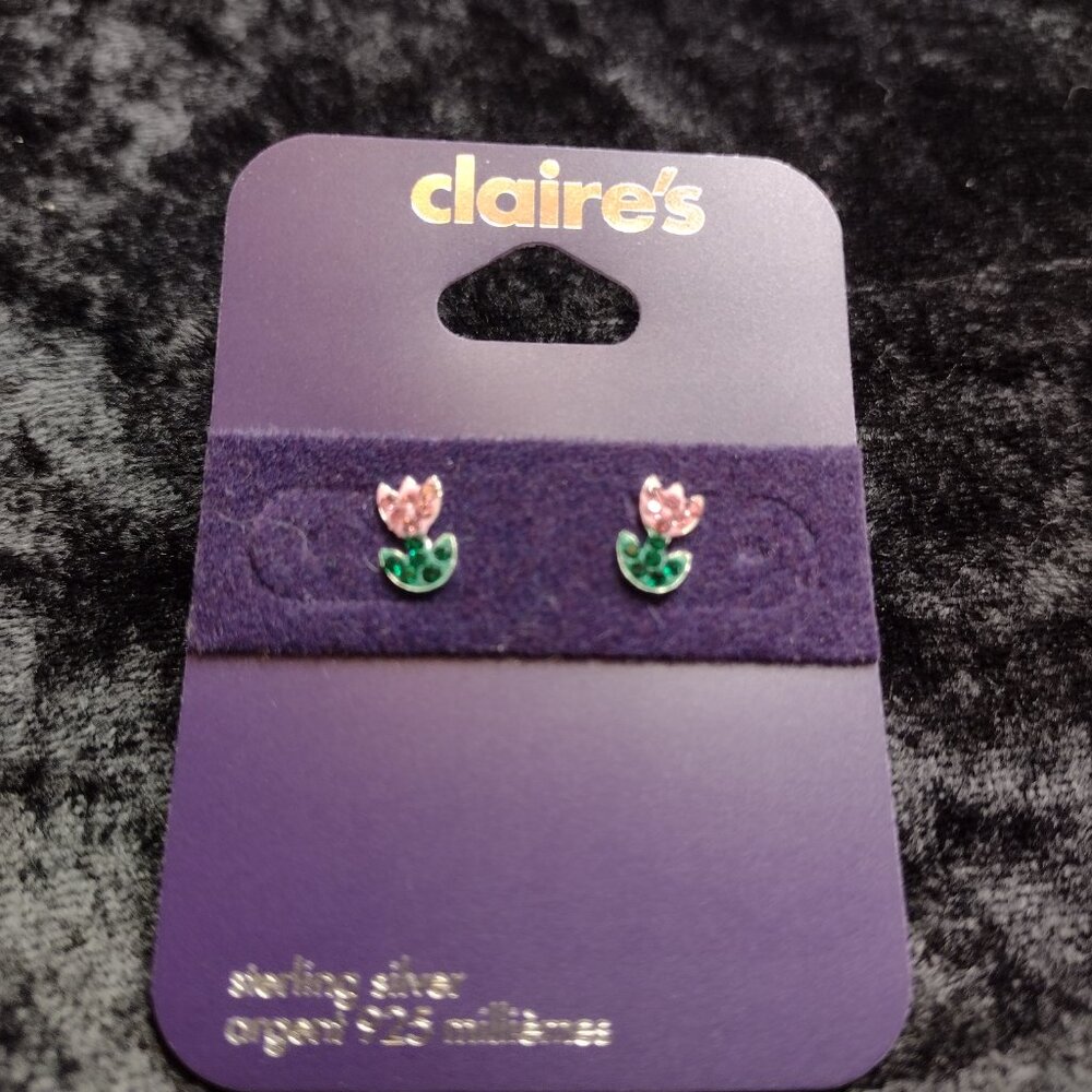 New Claires 2 Pair Infinity Tulips Flower 925 Sterling Silver Stud Cute Earrings - Picture 2 of 3